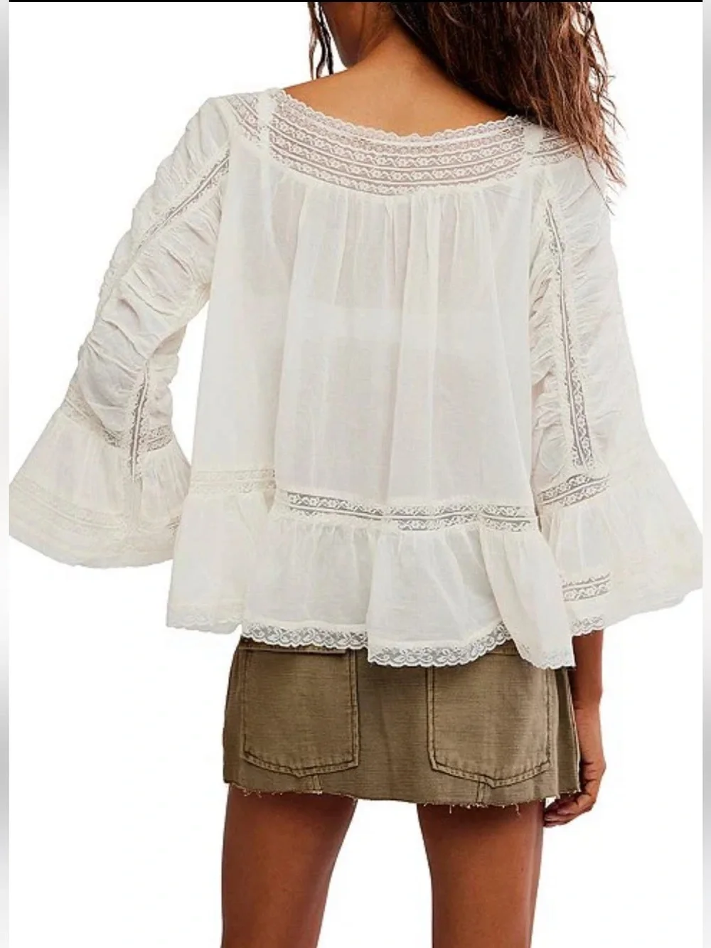 NWT🌷(S) Free People She’s a Romantic Boat Neck Bell Sleeve Lace Paneling Blouse